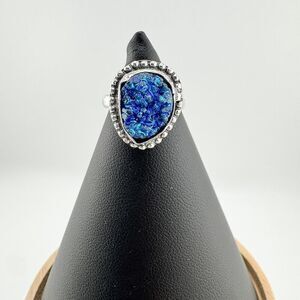 Vintage Blue Druzy Deadstock 925 Sterling Silver Ring Boho Retro Natural